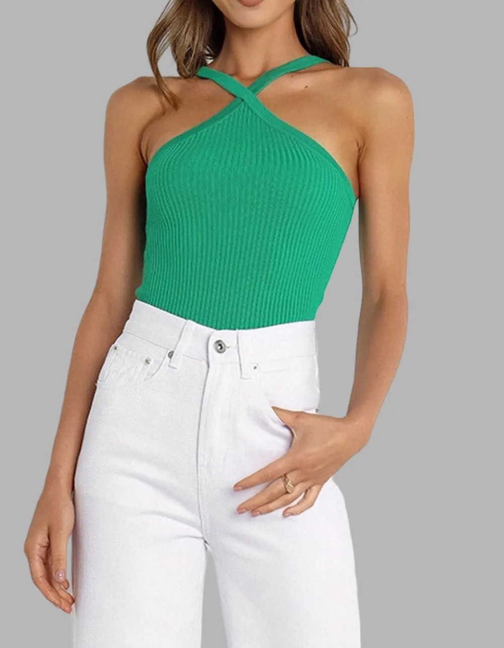Solid-color Halter Backless Rib-Knit Short Camisole