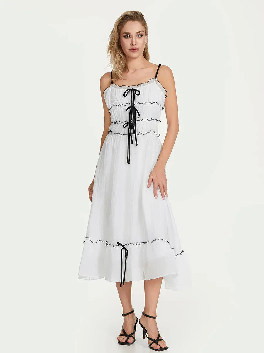Spaghetti Strap Long Sleeveless Tie Up Smocked Summer Flowy Casual Y2k Dress
