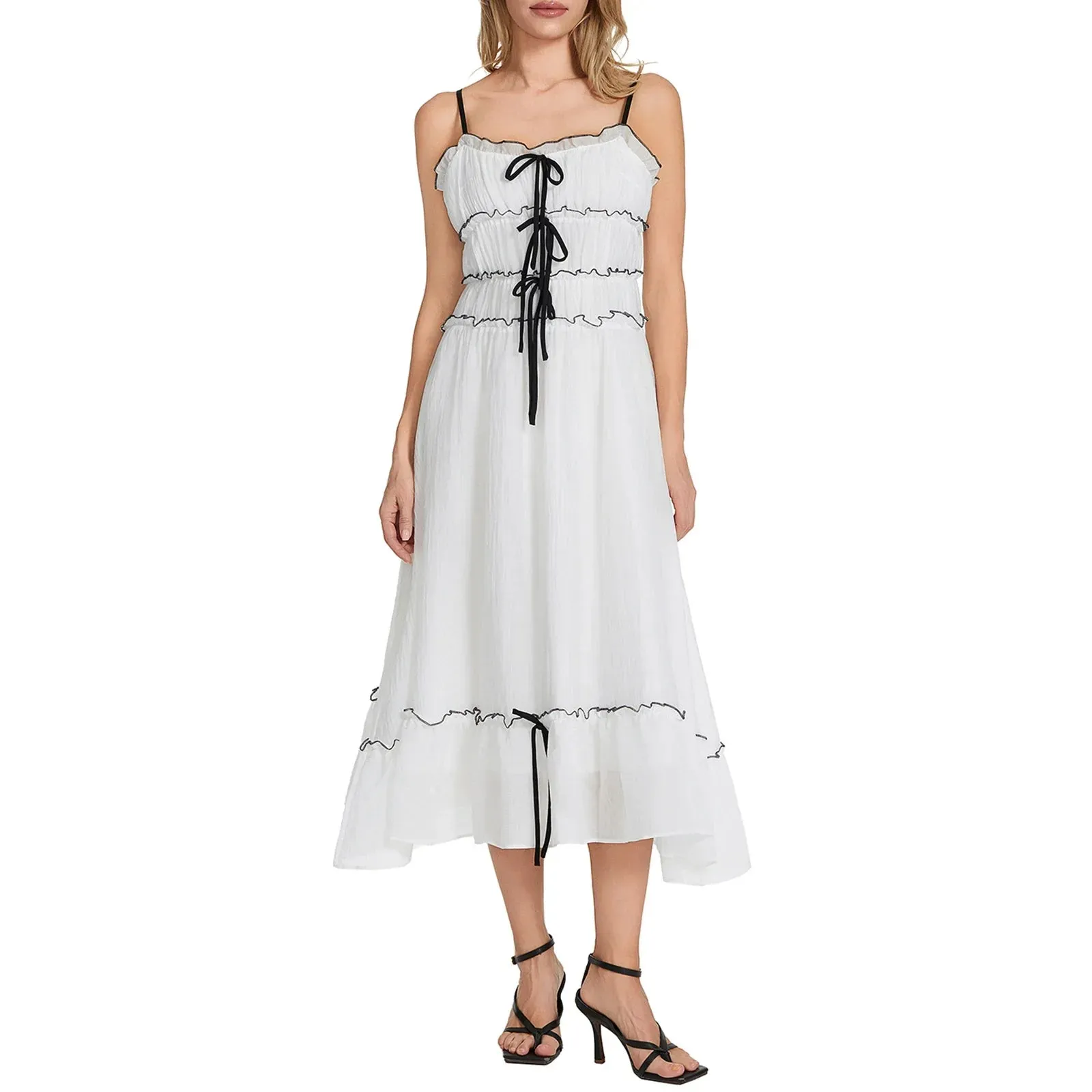 Spaghetti Strap Long Sleeveless Tie Up Smocked Summer Flowy Casual Y2k Dress