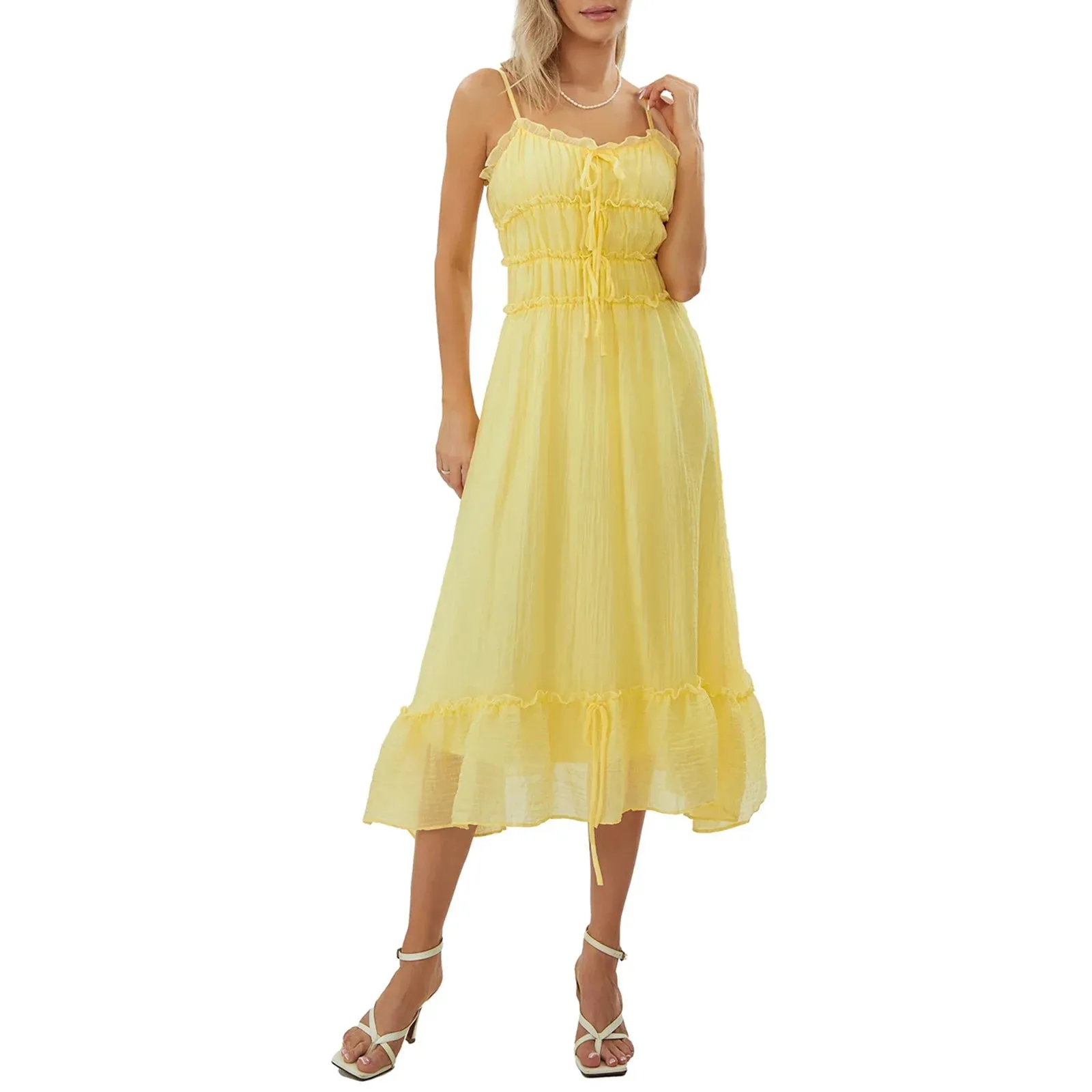 Spaghetti Strap Long Sleeveless Tie Up Smocked Summer Flowy Casual Y2k Dress