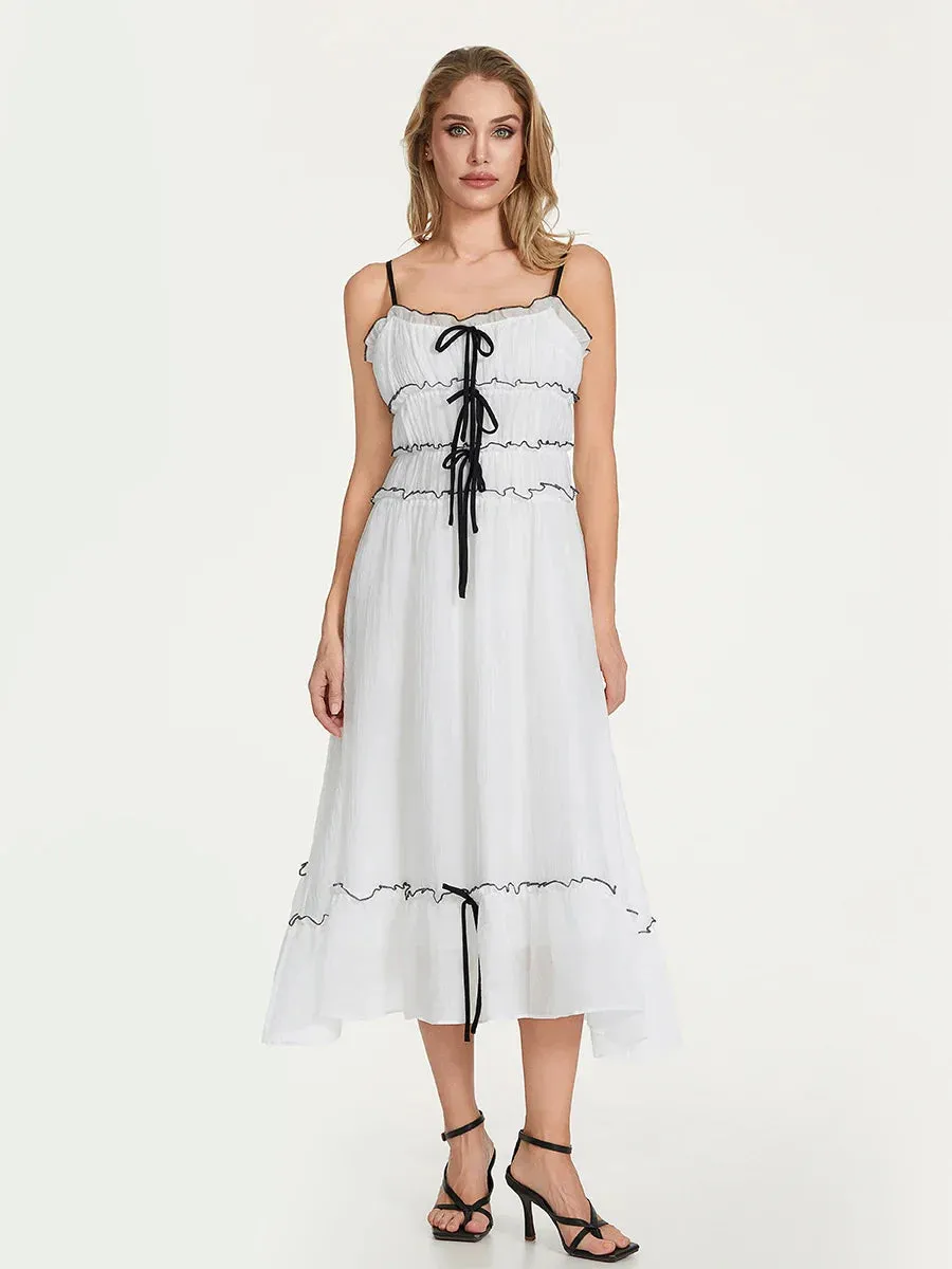 Spaghetti Strap Long Sleeveless Tie Up Smocked Summer Flowy Casual Y2k Dress