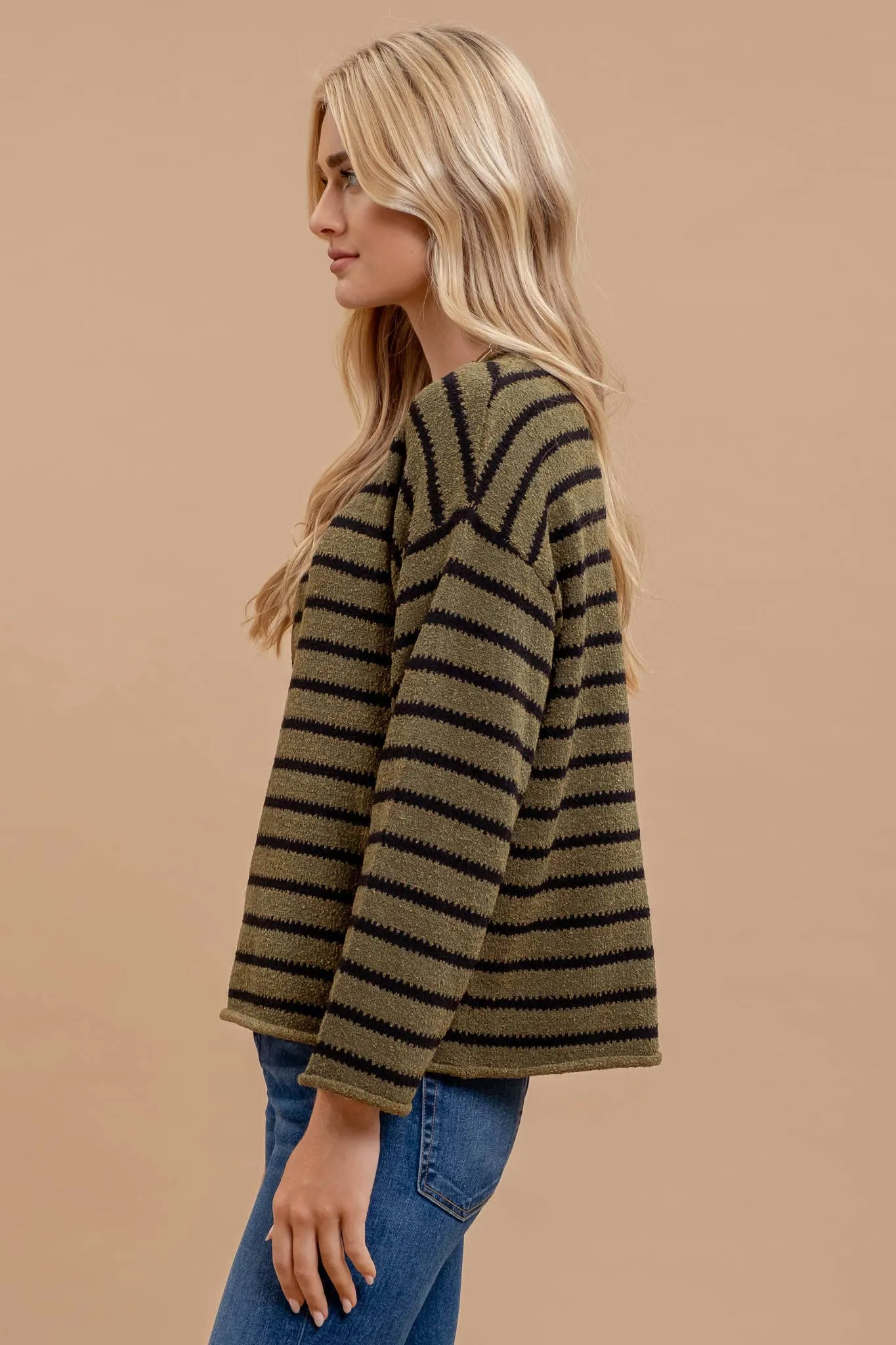 STRIPE BOAT NECK DROP SHOULDER KNIT SWEATER