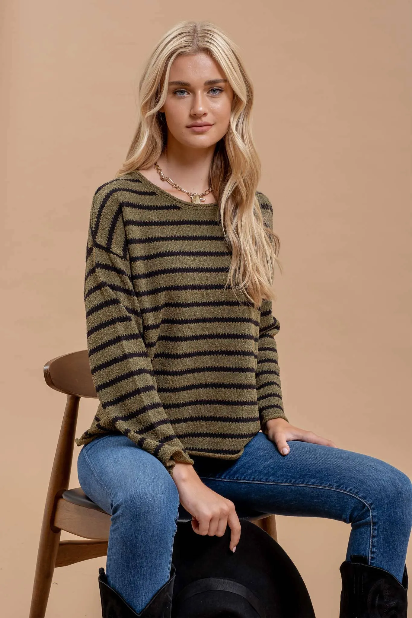 STRIPE BOAT NECK DROP SHOULDER KNIT SWEATER