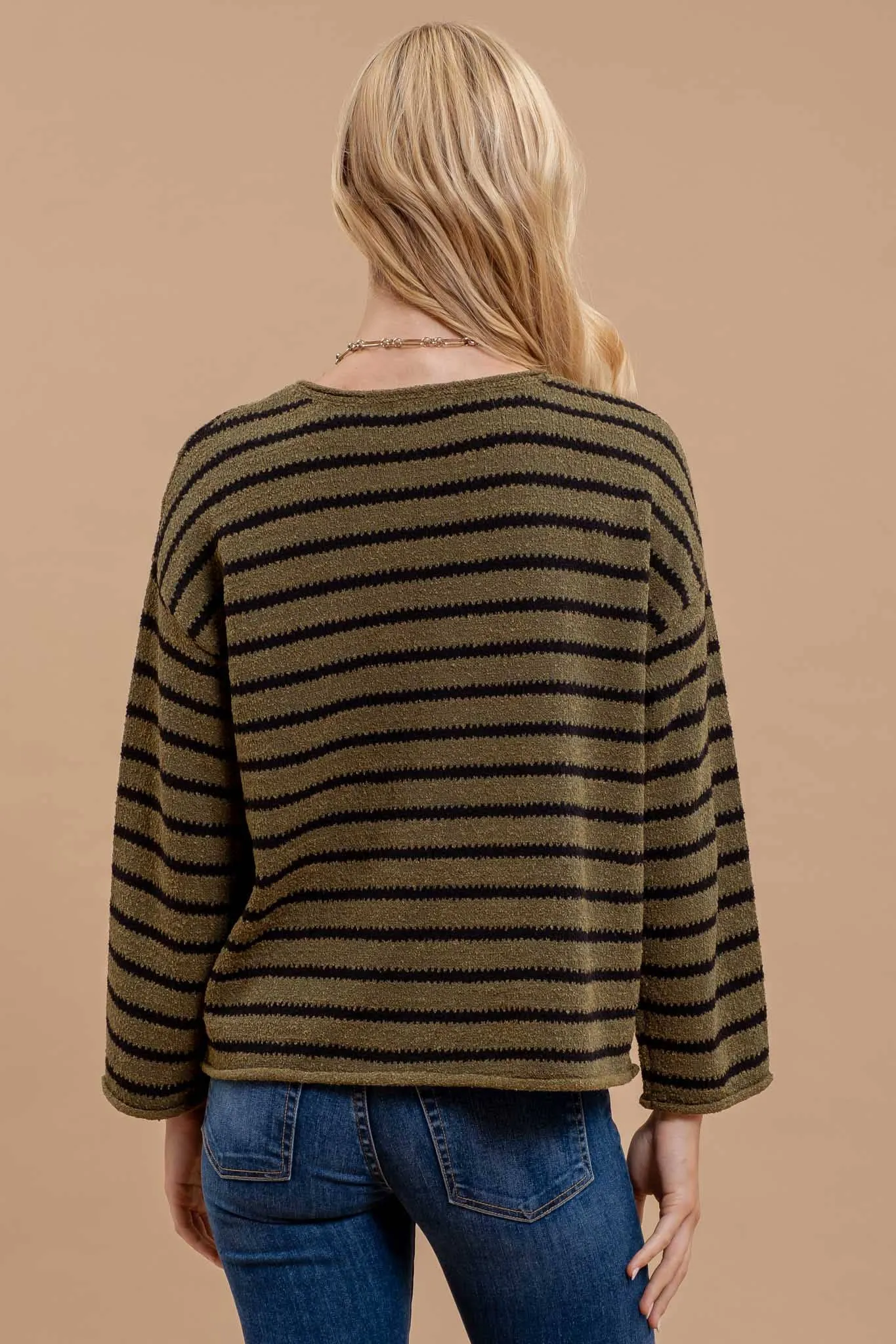 STRIPE BOAT NECK DROP SHOULDER KNIT SWEATER