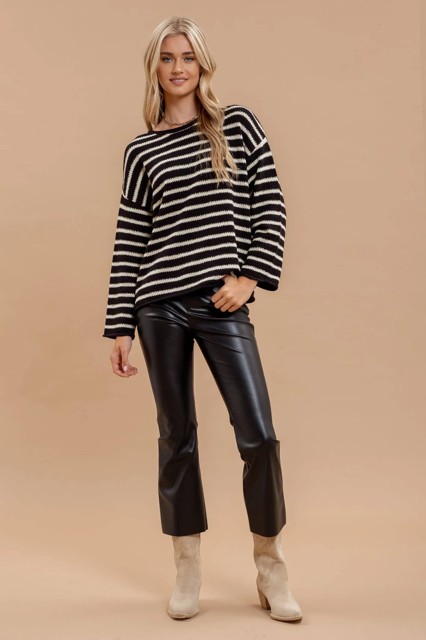 STRIPE BOAT NECK DROP SHOULDER KNIT SWEATER