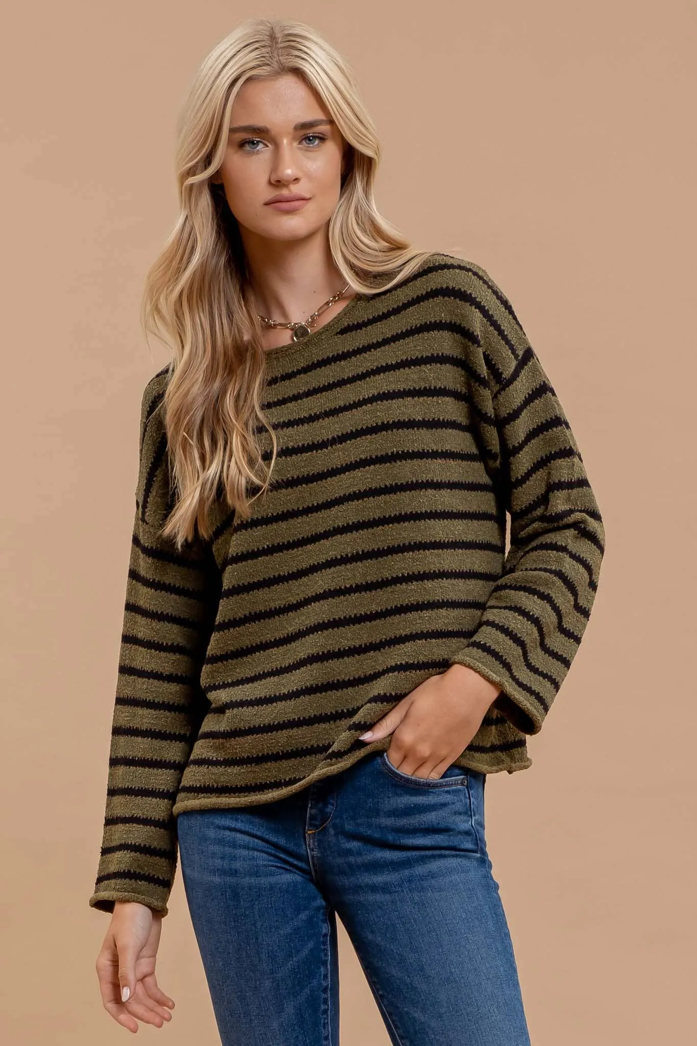 STRIPE BOAT NECK DROP SHOULDER KNIT SWEATER