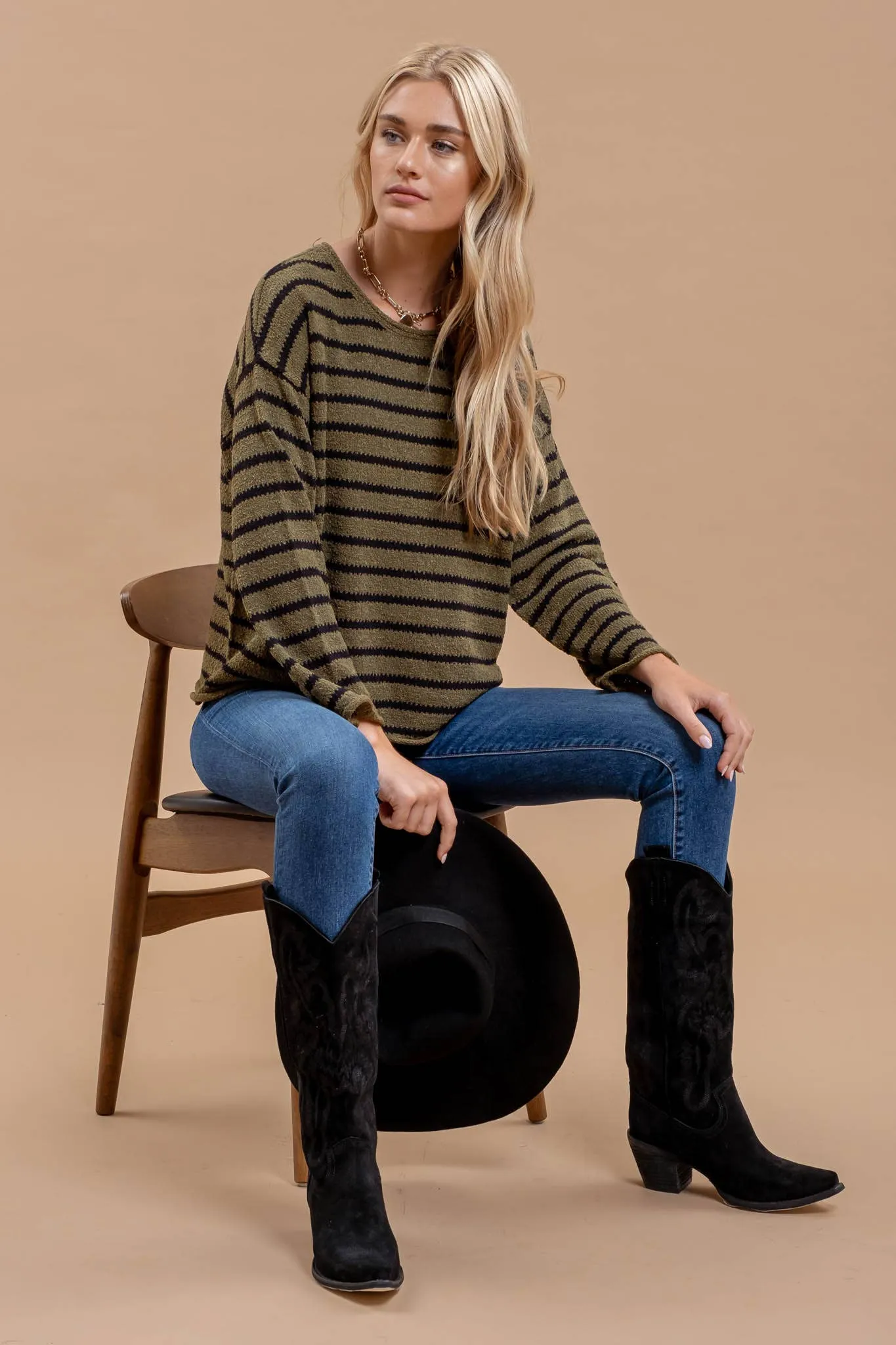 STRIPE BOAT NECK DROP SHOULDER KNIT SWEATER
