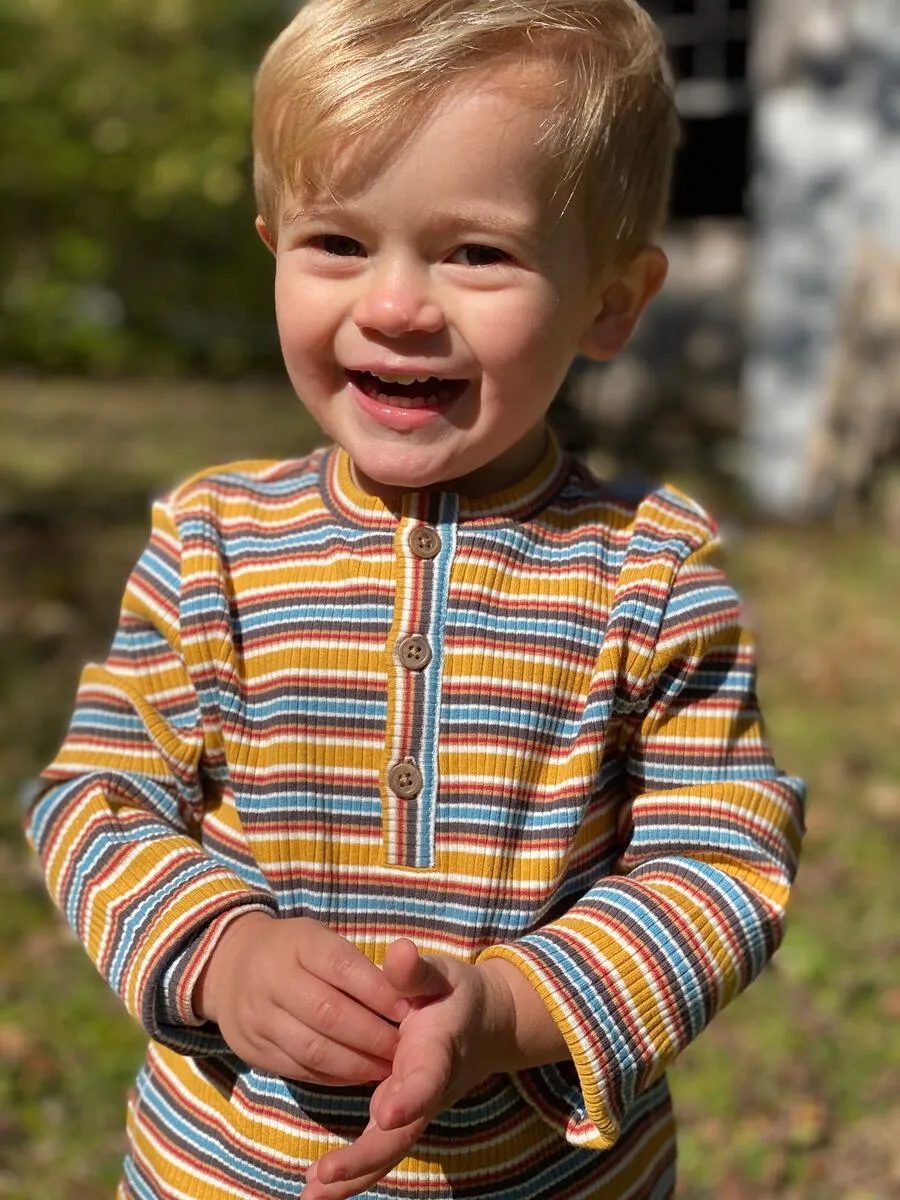 Striped Ribbed Henley Shirt in Mustard