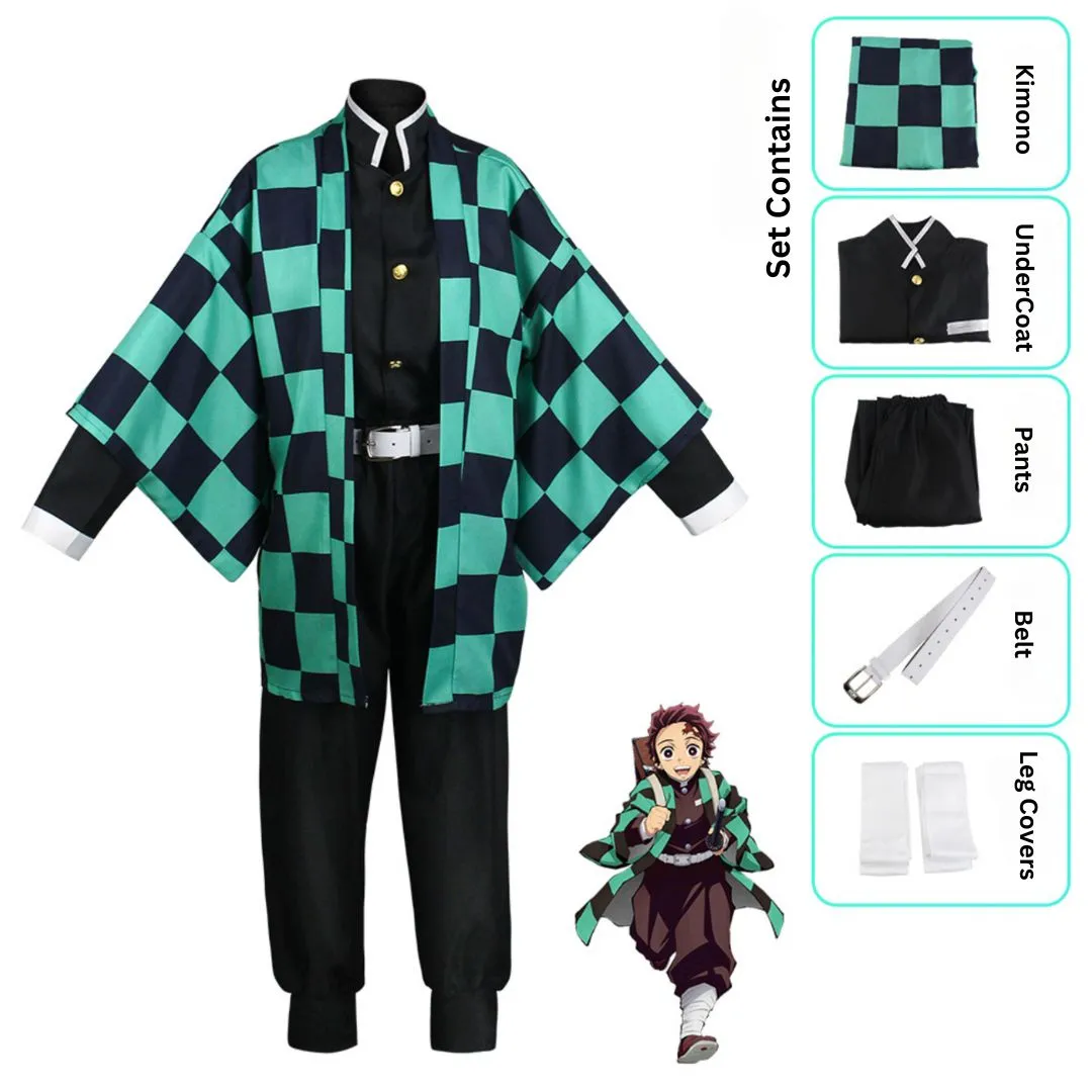 Tanjiro Cosplay Full Set | Kimono Cloak with Black Suit and Belt