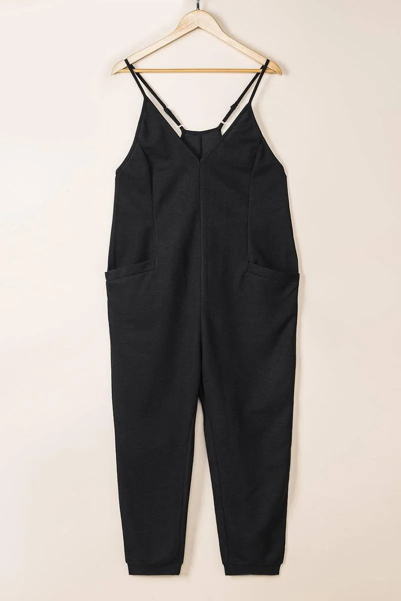 Textured Black Sleeveless V-Neck Pocketed Jumpsuit