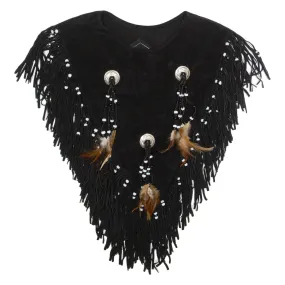 Western Tassels Womens Pullover Gilet Black Leather Suede 90s S