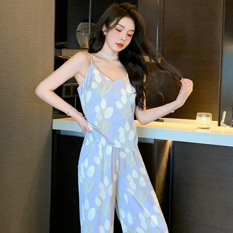 Women's Pajamas 3 Pieces Set Floral Print Kimono Robe Sling Camisole Long Pants Silk Like Sleepwear Homewear Petite