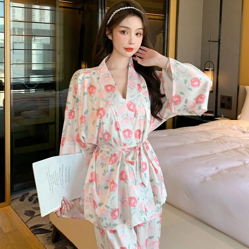 Women's Pajamas 3 Pieces Set Floral Print Kimono Robe Sling Camisole Long Pants Silk Like Sleepwear Homewear Petite