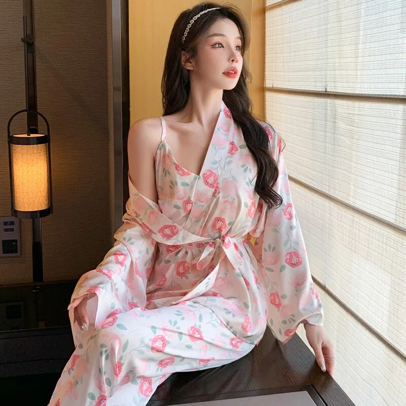 Women's Pajamas 3 Pieces Set Floral Print Kimono Robe Sling Camisole Long Pants Silk Like Sleepwear Homewear Petite